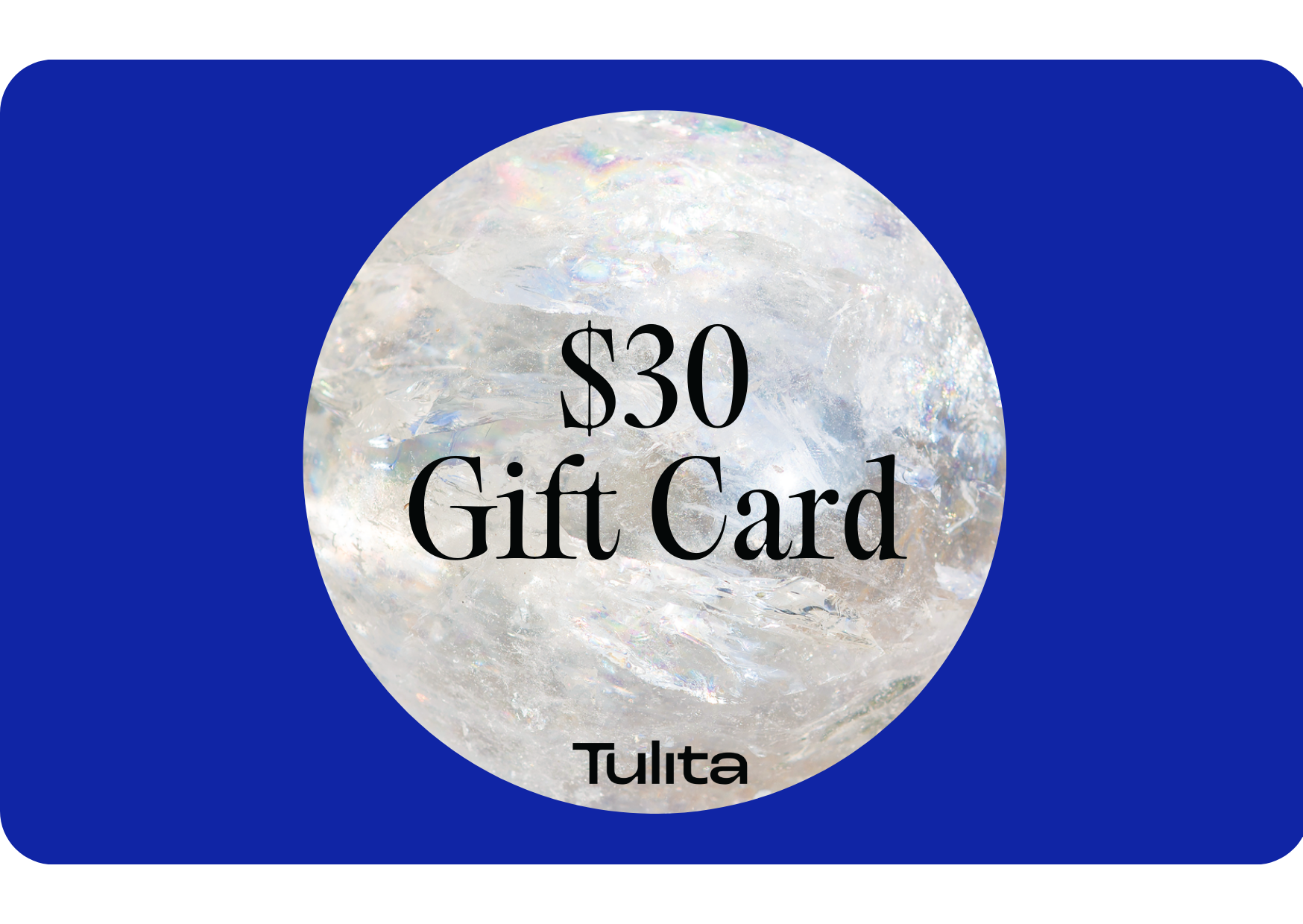 A digital gift card from Tulita with a $30 value, displayed with a blue background and a white circle in the center containing the text.