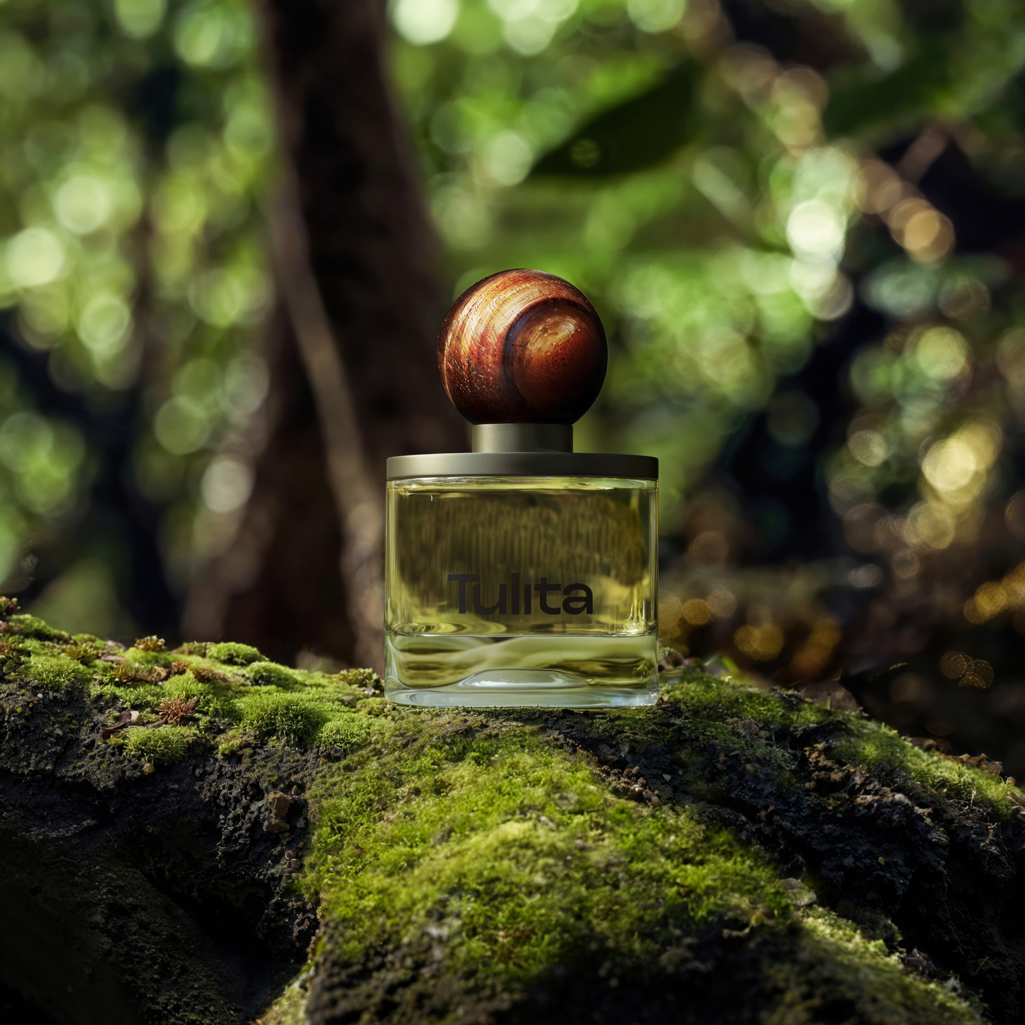 AI image of Agati fragrance bottle sitting in the forest