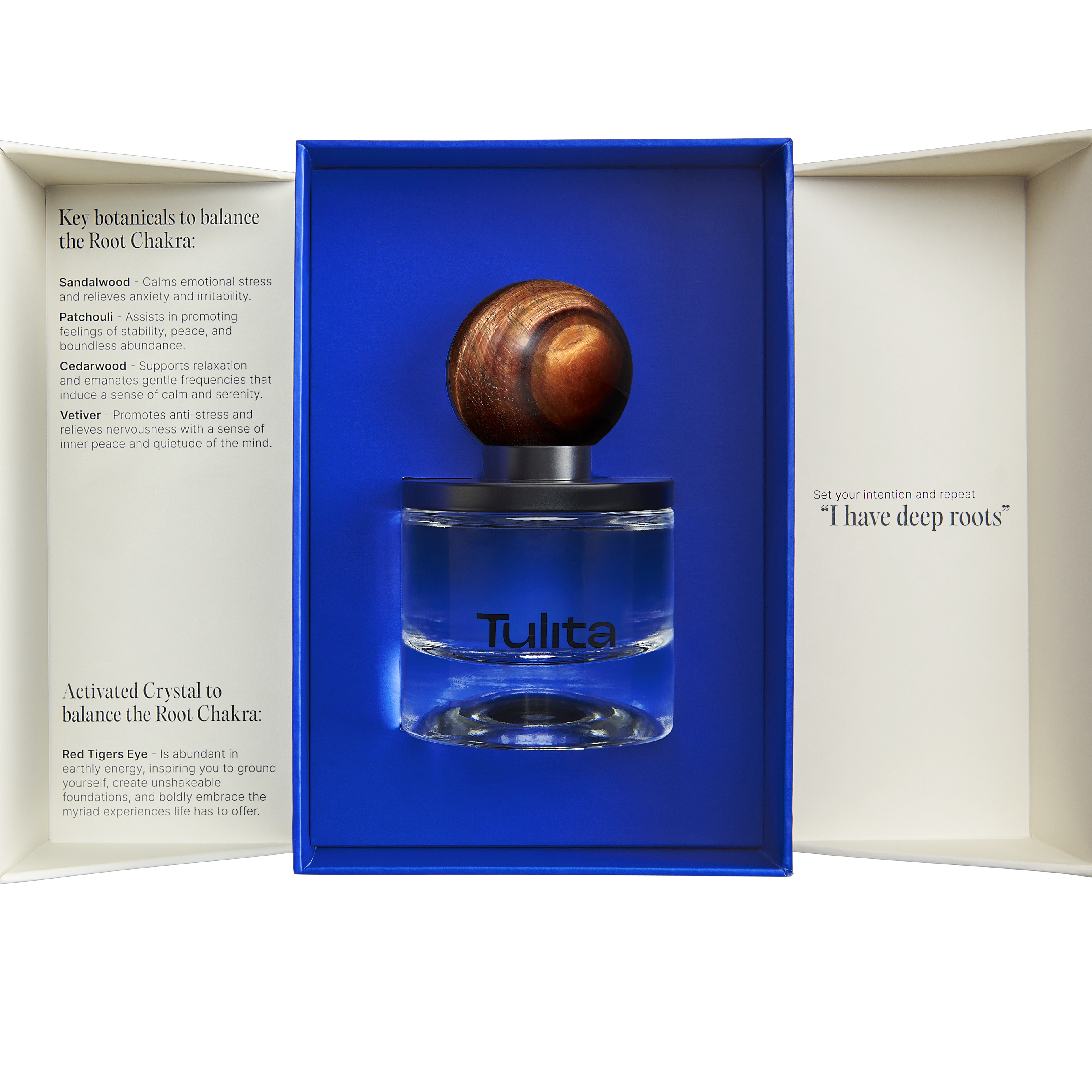 Open image of the Agati perfume packaging displaying affirmation and details of the crystal cap